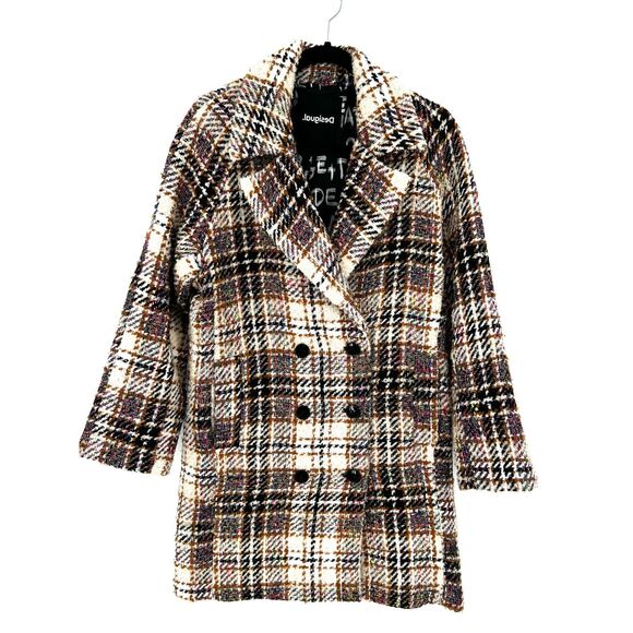 DESIGUAL Cream Black Neon Colorful Plaid Tweed Oversized Heavy Duke Coat Small - Picture 5 of 12